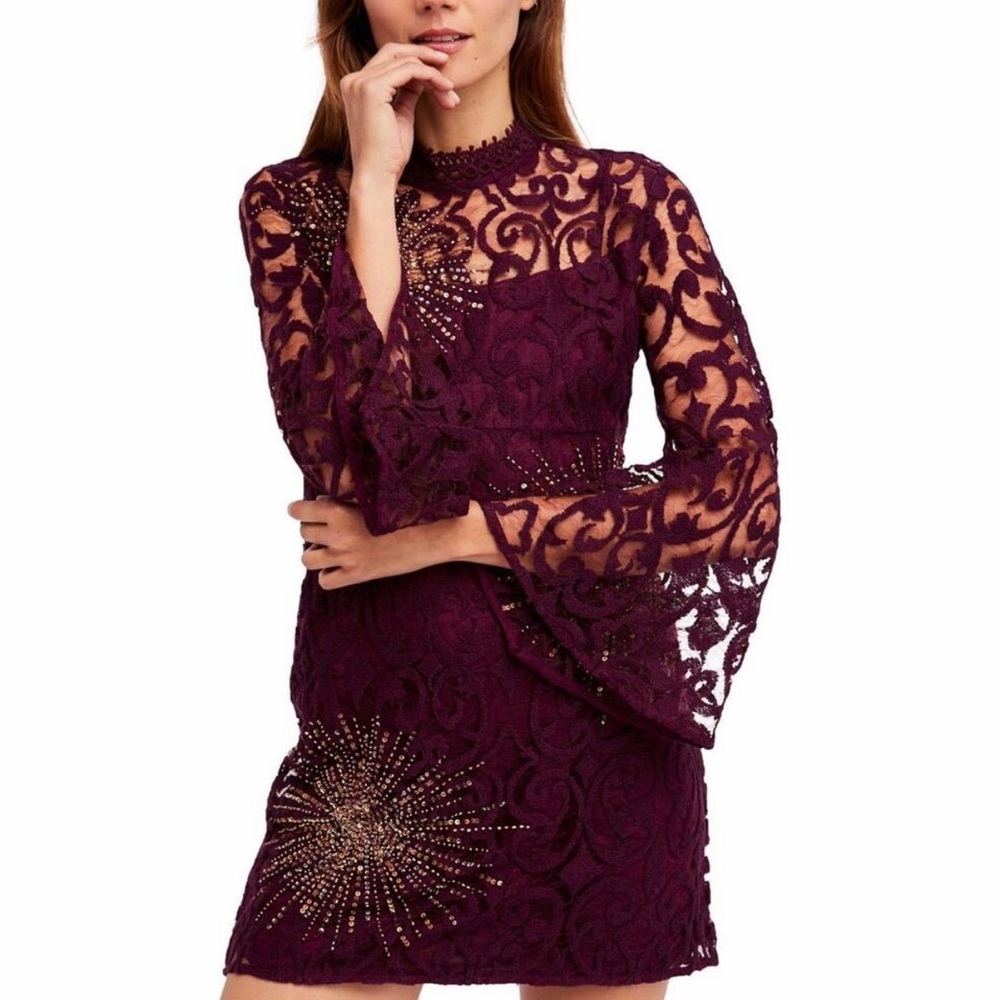 NWT Free People North Star Lace A-Line Mini Dress Plum Bell Sleeve Size 12